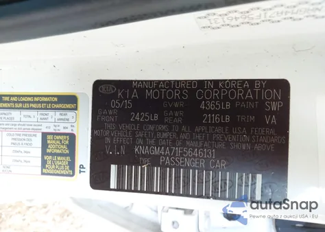 2015 Kia Optima Lx из США, поврежденный, VIN KNAGM4A71F5646131